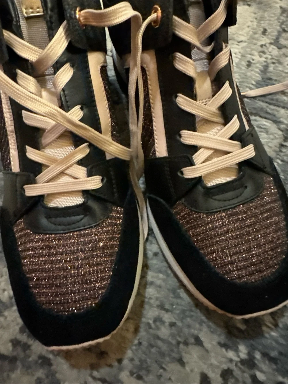 Michael Kors Wedge Sneakers rose gold pink glitter black logo 11 rare!